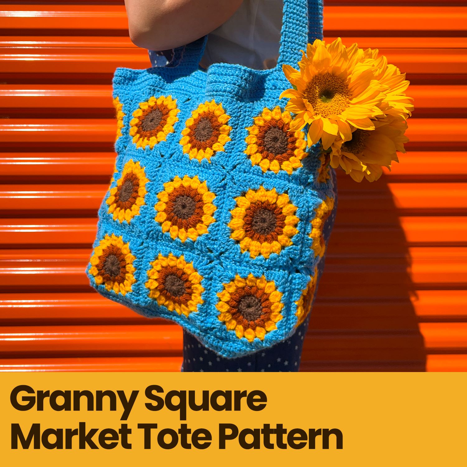 Stripe Strap Sunflower Granny Square Crochet Tote Bag 