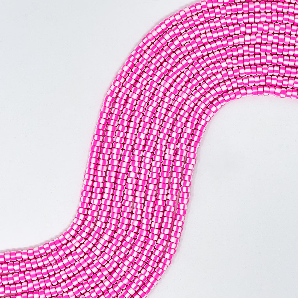Polymer Clay Rondelle Beads, 6mm - Hot Pink Stripe