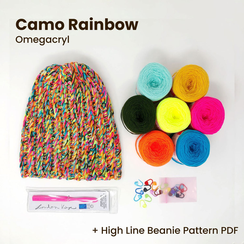 High Line Crochet Beanie Bundle Bundle The Neon Tea Party Camo Rainbow (Omegacryl) 